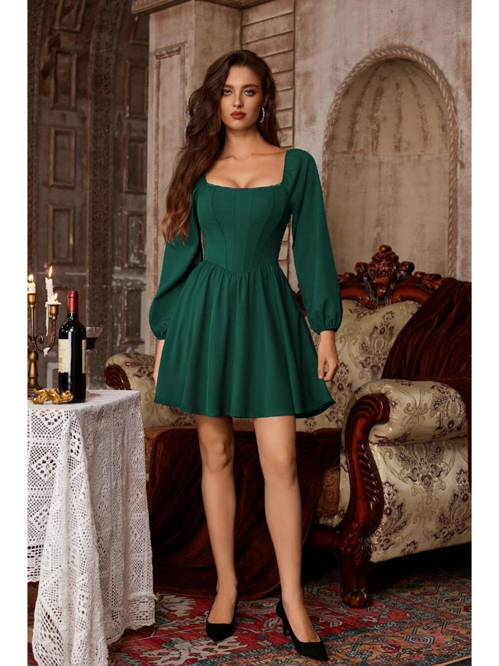 Scarlet Darkness Women Green Long Sleeve Mini Fishbone Wedding Party Dress